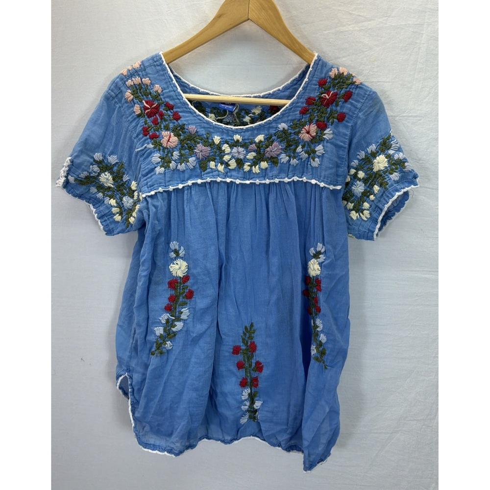 Raj Imports Blue Sheer Gauze Embroidered Blouse Tunic Top Boho Festival
